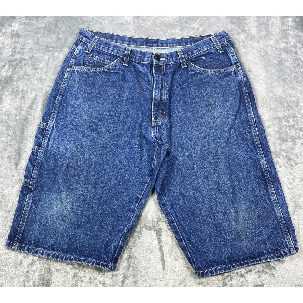 Dickies Carpenter Shorts Mens 36 Blue Dark Wash Faded Pockets Relaxed Fit Denim